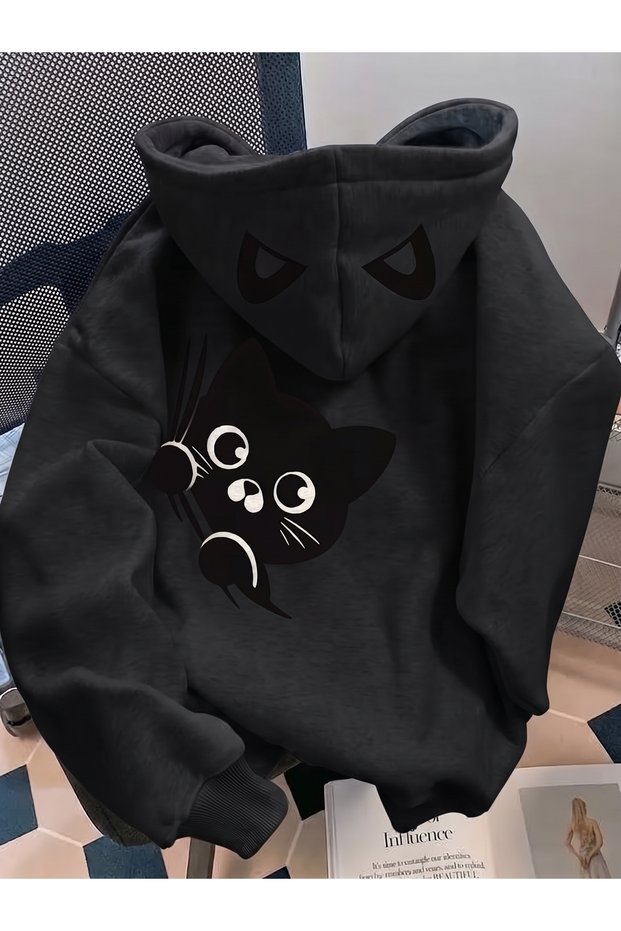 Cute Cat Printed Premium Hooded Sweatshirt with Cat Ears for Unisex Women, 2 Thread Count Oversize Sweatshirt Hoodie