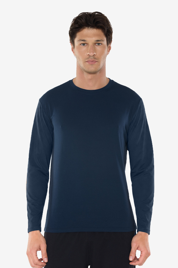 Men's Navy Blue Crew Neck Micro Modal Extra Soft Comfortable Fit Long Sleeve T-Shirt 945