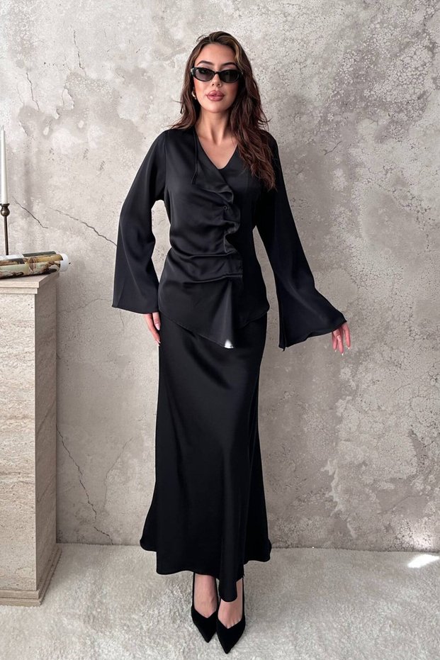 Women's Black Satin V-Neck Long Sleeve Blouse Skirt Two-Piece Set