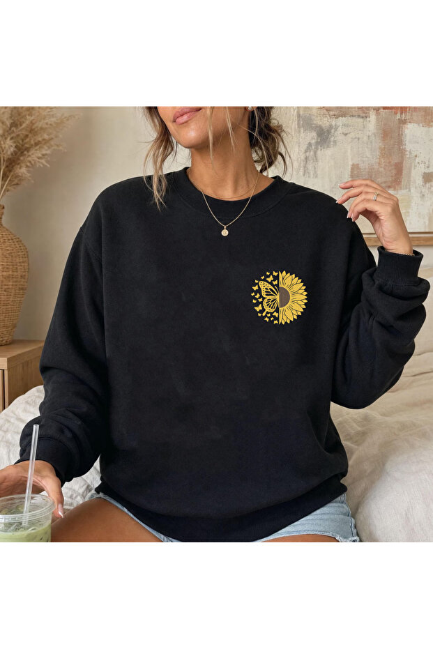 Sunflower Embroidered Oversize Crew Neck Cotton Black Sweatshirt