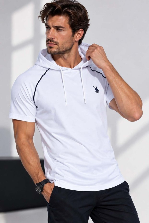Men's Hooded Cotton T-Shirt Plain White T9570
