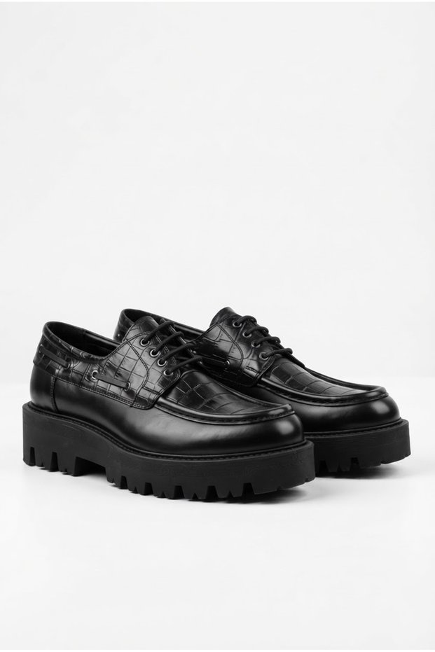 Crocodile Lug Black Genuine Leather Men's Thick Sole Casual Shoes