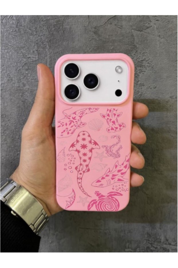 iPhone 17 Pro Max Compatible Pink Patterned Shark, Stingray and Sea Creatures Case