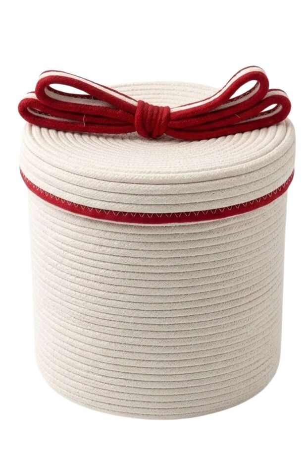 Pearl Series Jute Decorative Basket L Size (30X30 cm) | Vegan Large Size Home Organizer with Ribbons