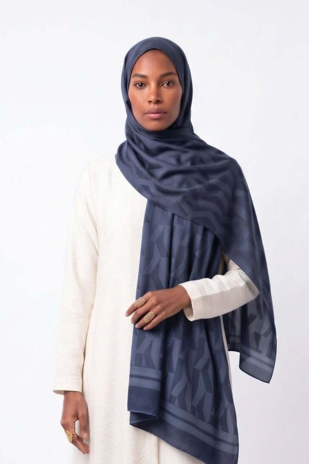 Asymmetric Texture Jacquard Shawl Navy Blue