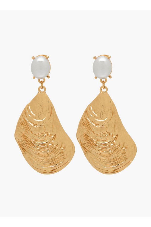 Gold Tone Shell Drop Earrings with Pushback Closure