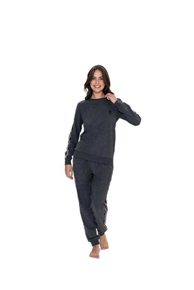 U.S. Polo Assn. 20113 Women's Long Sleeve Crew Neck Elastic Cuff Comfortable Home Wear-Anthracite