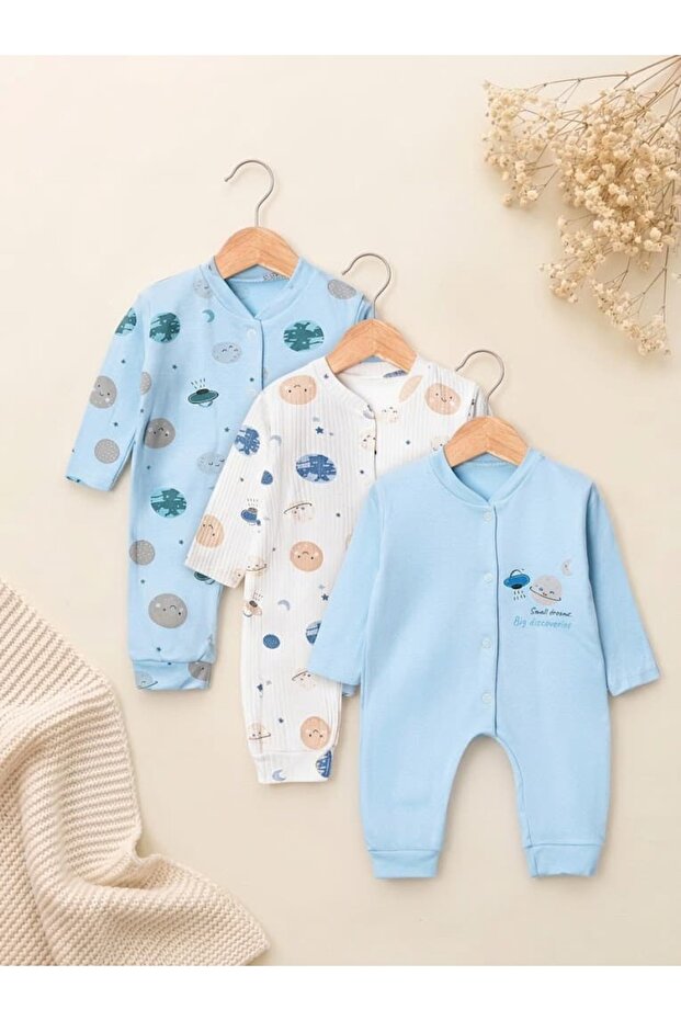 Planet Patterned Cotton Triple Jumpsuit Set for Baby Boy