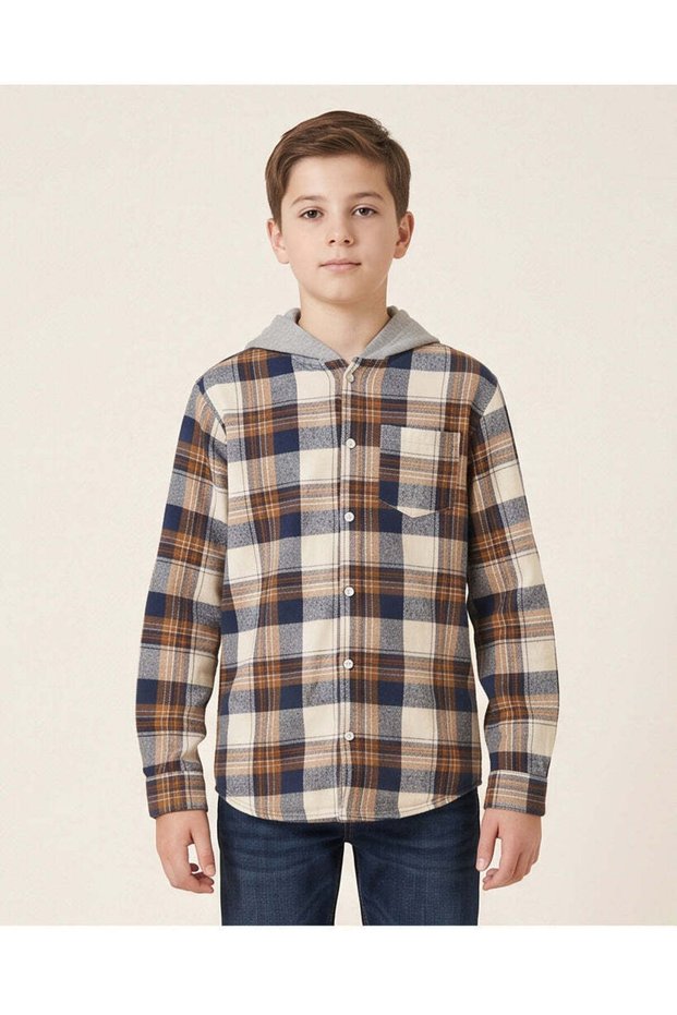 Senior Boys Multicolour Hooded Flannel Shirt