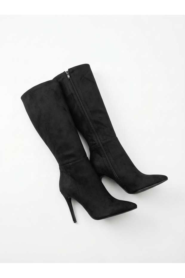 Zri̇nx-226 Premium Black Suede Zippered Elastic Thin High Heeled Women's Boots 11 cm