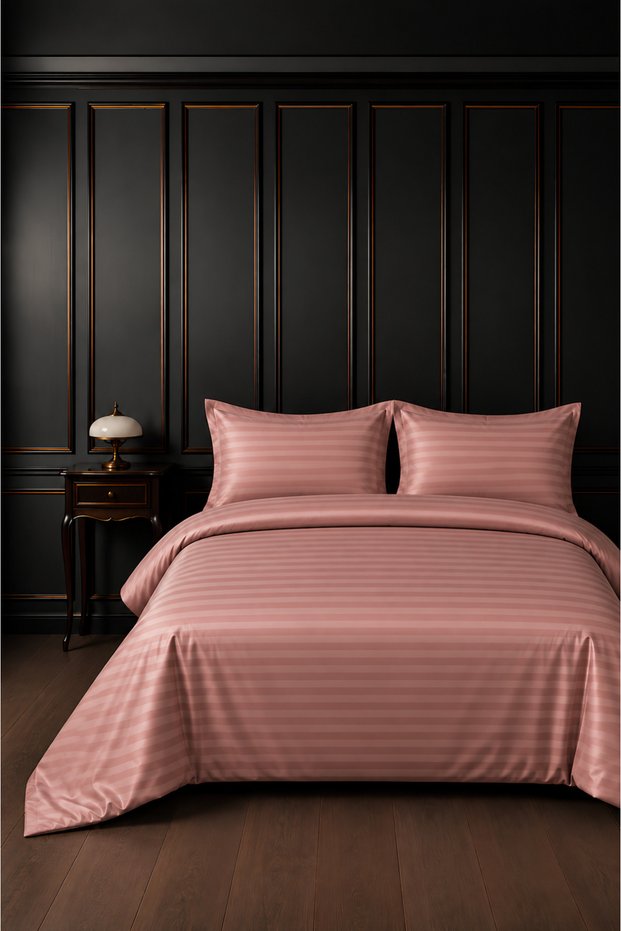 100% Cotton Satin Striped Powder Pink Double Duvet Cover Set (83 Thread-125 Gsm)