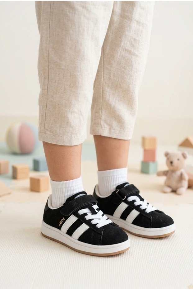 Children's Suede Look Velcro Sports Shoes with White Stripes, Comfortable Sole, Casual Sneaker, School Shoes