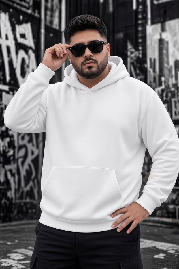 Bery Large Size Men's Hooded Basic Sweatshirt with Two Threaded Kangaroo Pockets