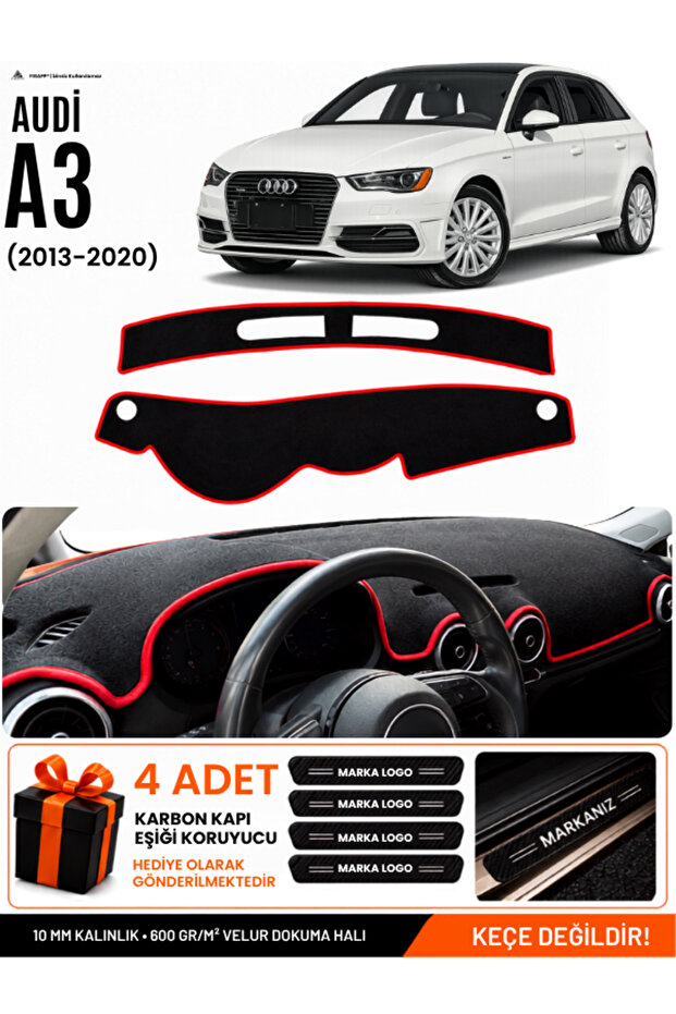 Audi A3 (2013-2020) Compatible Glove Box Protection, Glove Box Cover, Glove Box Case - Black-Red - Au007