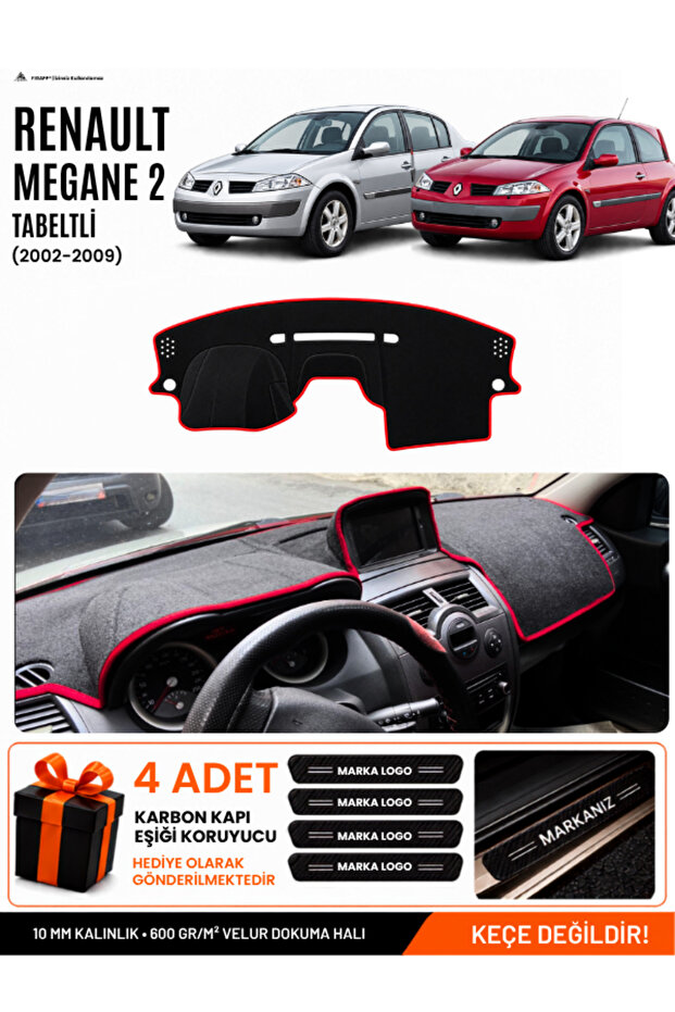 Renault Megane 2 with Large Screen (2002-2009) Compatible Dashboard Cover - Black-Red - Re040