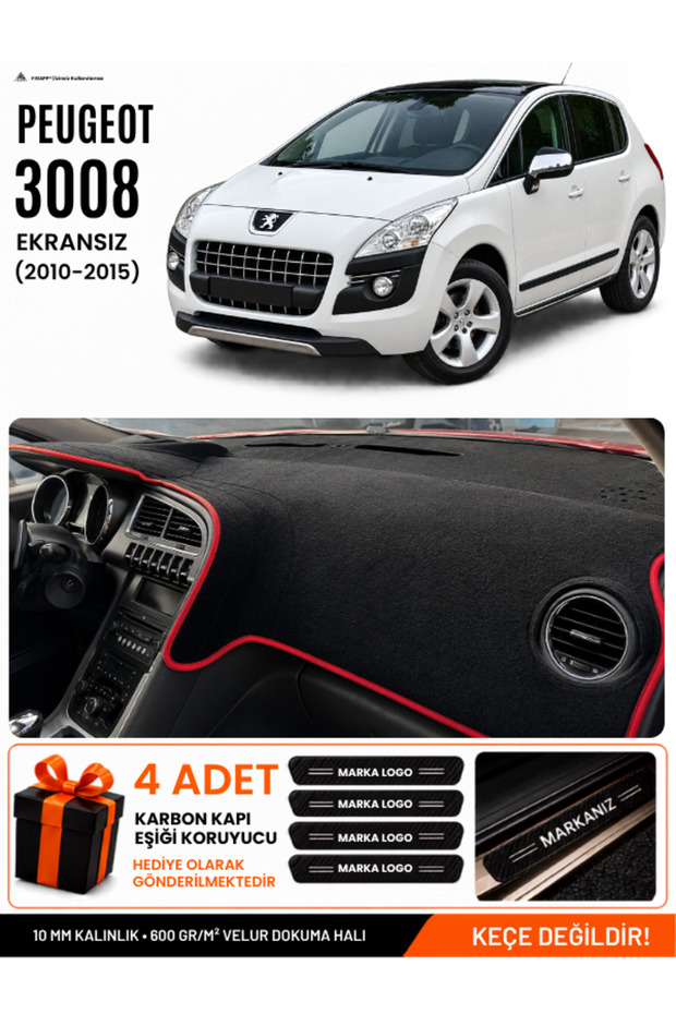 Peugeot 3008 Screenless (2010-2015) Compatible Glove Box Cover, Glove Box Case - Black-Red - Pe016