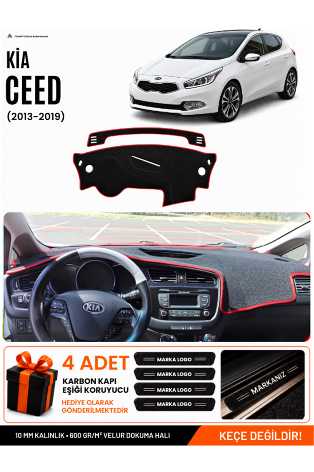 Kia Ceed (2013-2019) Compatible Glove Box Protection, Glove Box Cover, Glove Box Case - Black-Red - Ki004