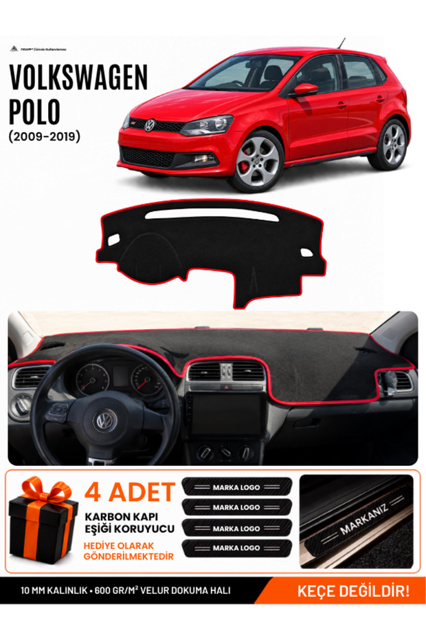 Volkswagen Polo (2009-2019) Compatible Dashboard Cover, Dashboard Case - Black-Red - Vw021