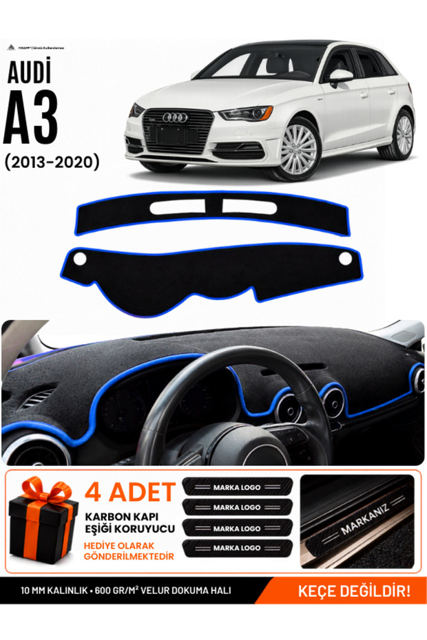 Audi A3 (2013-2020) Compatible Glove Box Protection, Glove Box Cover, Glove Box Case - Black-Blue - Au007