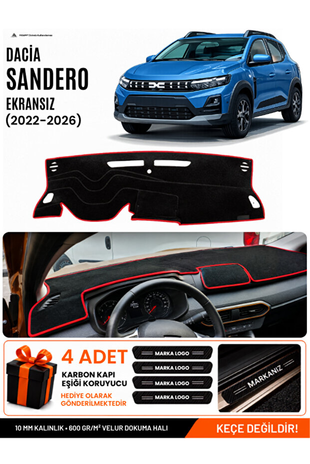 Dacia Sandero (2022-2026) Screenless Compatible Glove Box Cover, Glove Box Case - Black-Red - Da002