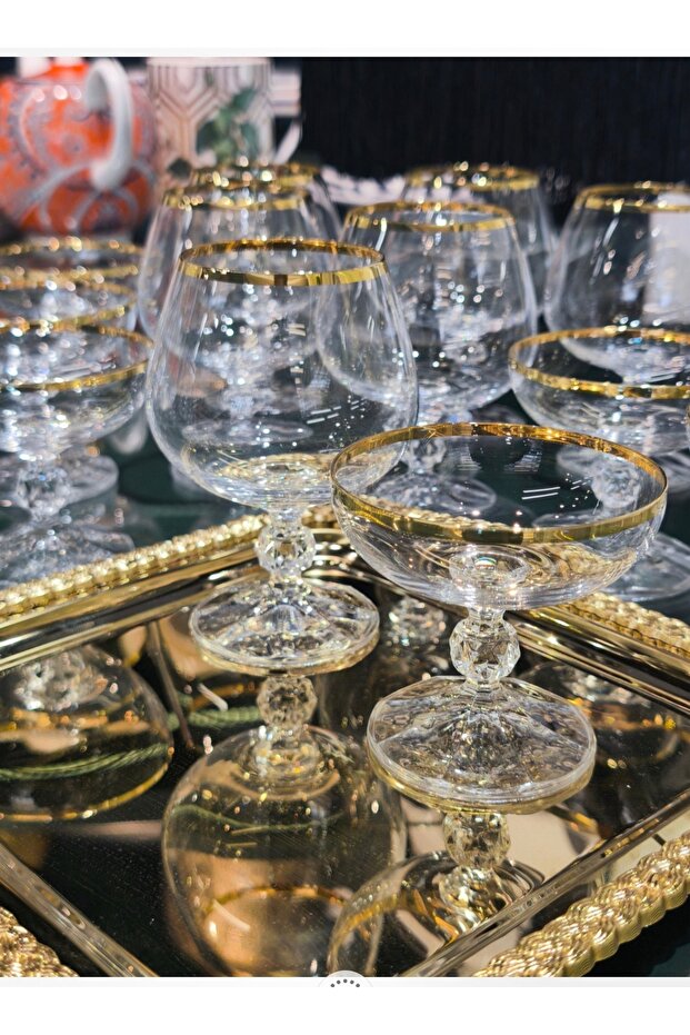 Sterna Real Gold 6-Piece Crystal Turkish Delight Bowl and 6-Piece 250 Cc Coffee or Water Glasses