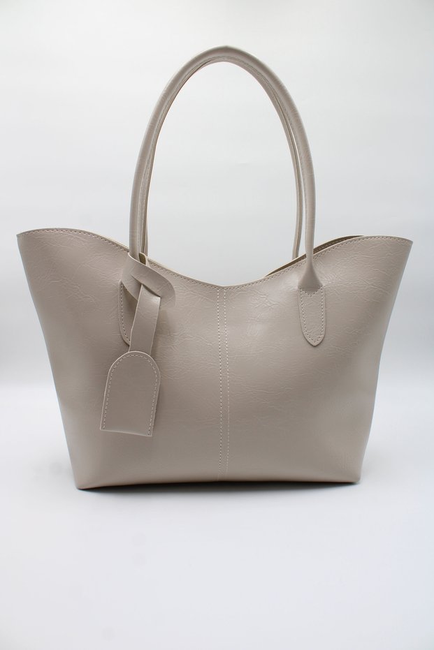 Women's Beige Large Size Leather Charm Detailed Zippered Hand, Arm and Shoulder Bag