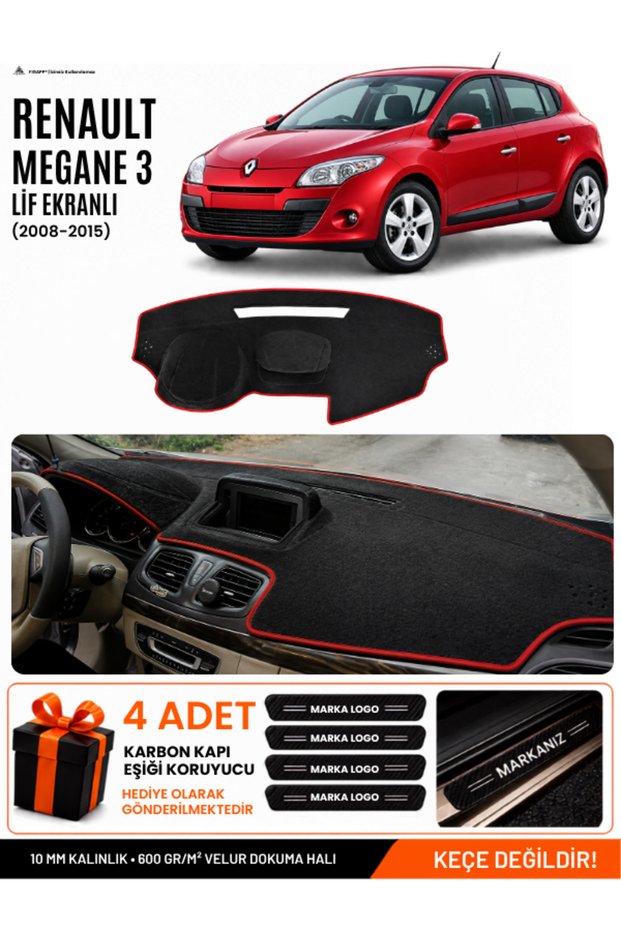 Renault Megane 3 Li̇f Ekran (2008-2015) Compatible Torpedo Cover, Torpedo Case - Black-Red - Re023