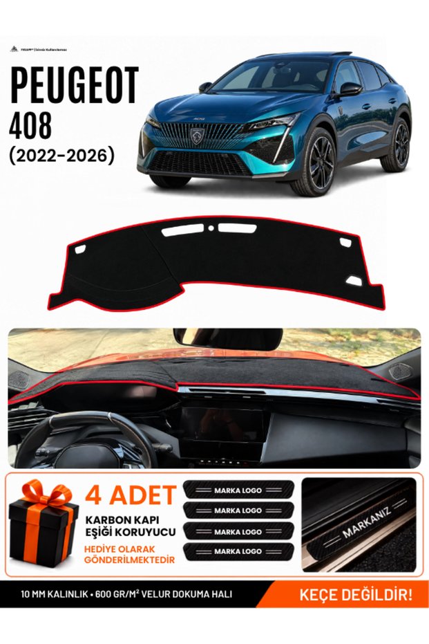 Peugeot 408 (2022-2026) Compatible Glove Box Cover, Glove Box Case - Black-Red - Pe033