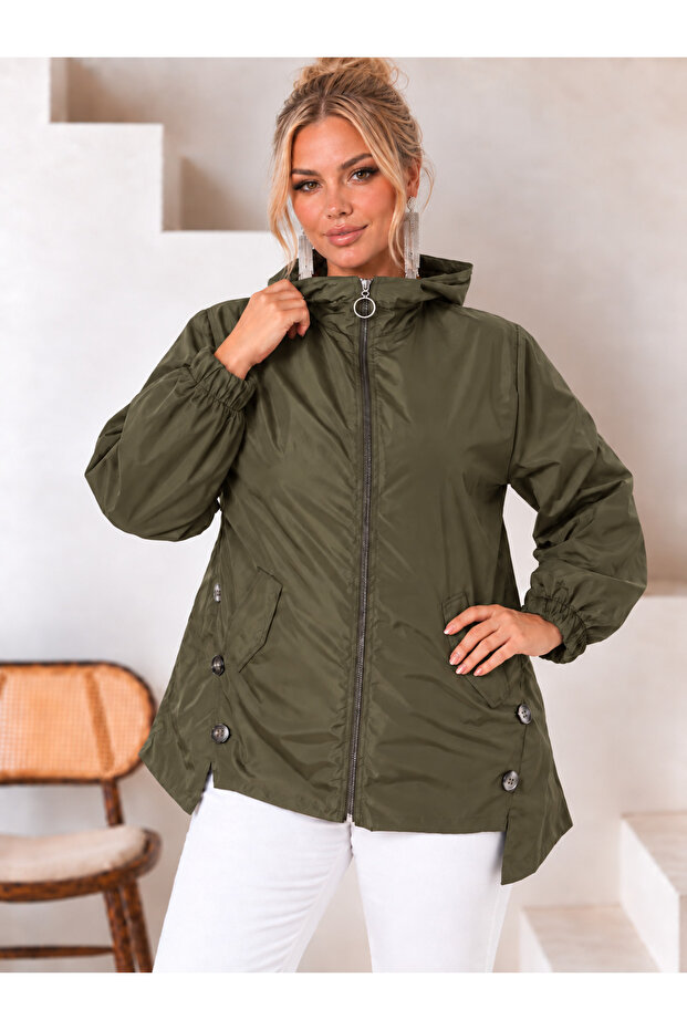 Women's Plus Size Hooded Parachute Fabric Seasonal Waterproof Lined Oversize Trench Coat Jacket 25061