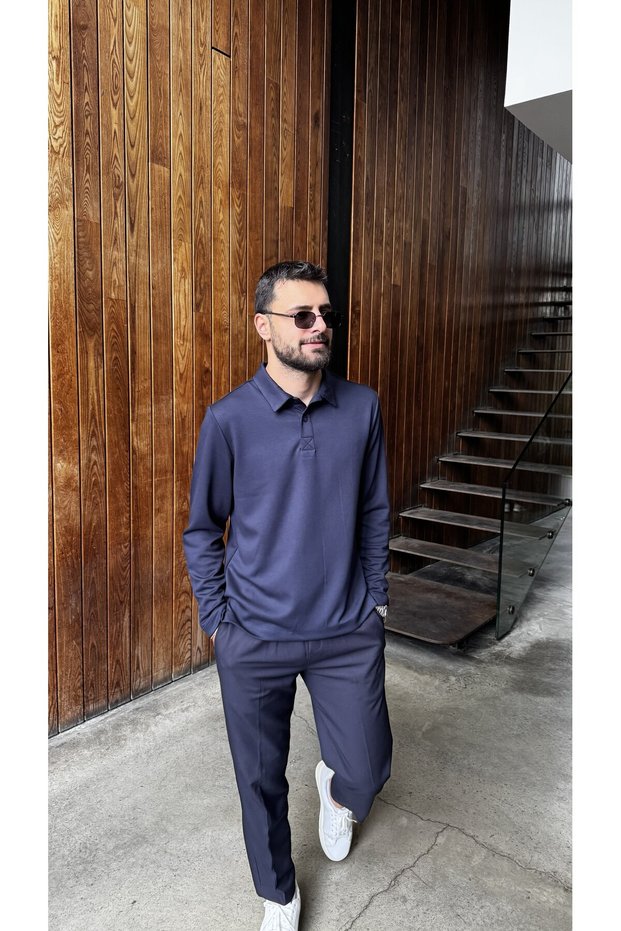 Men's Modal Fabric Polo Collar Half Placket Buttoned Navy Blue Long Sleeve T-Shirt 70 cm Code: Jsm26Pyut
