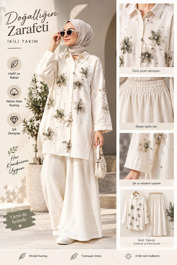 Floral Detailed Linen Two-Piece Set