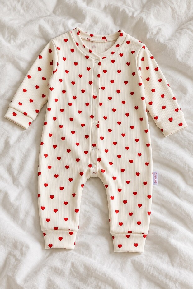 Baby Romper - Cream Long Sleeve Snap Romper with Red Heart Pattern