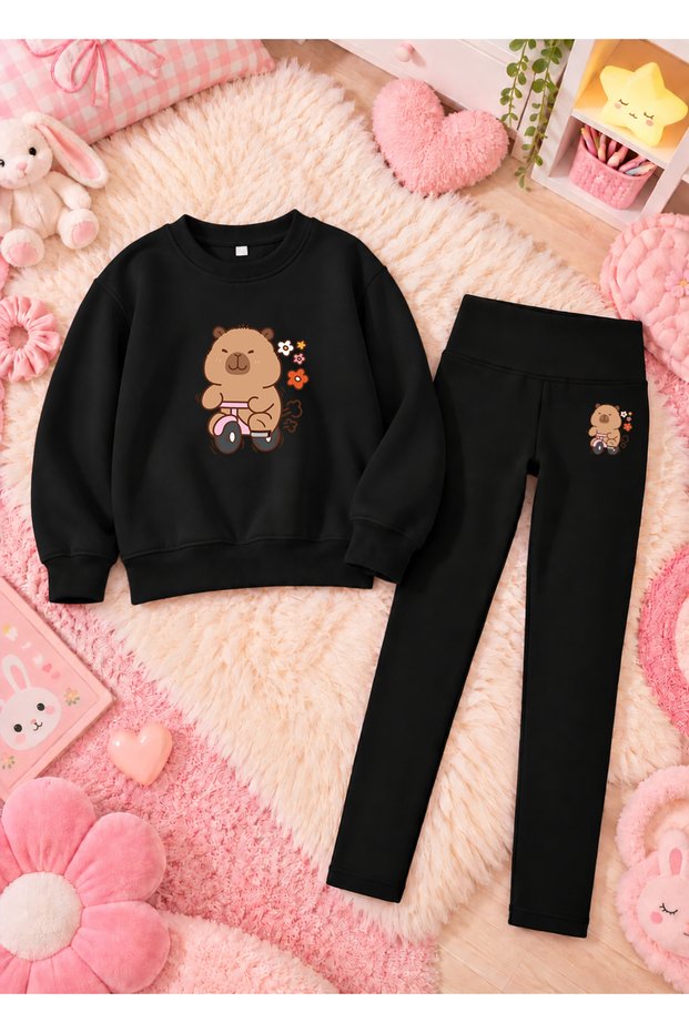 Girl's Crew Neck Sweatshirt and Skinny Leggings Set, 2-Piece Printed Top and Bottom Set