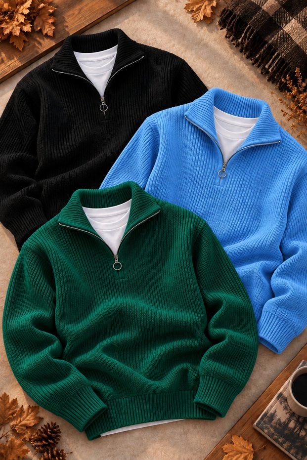 Men's 3-Piece Thessaloniki Knitted Half-Zip Knitwear Sweater Set High Collar Long Sleeve Thick Winter Knitted Sweater