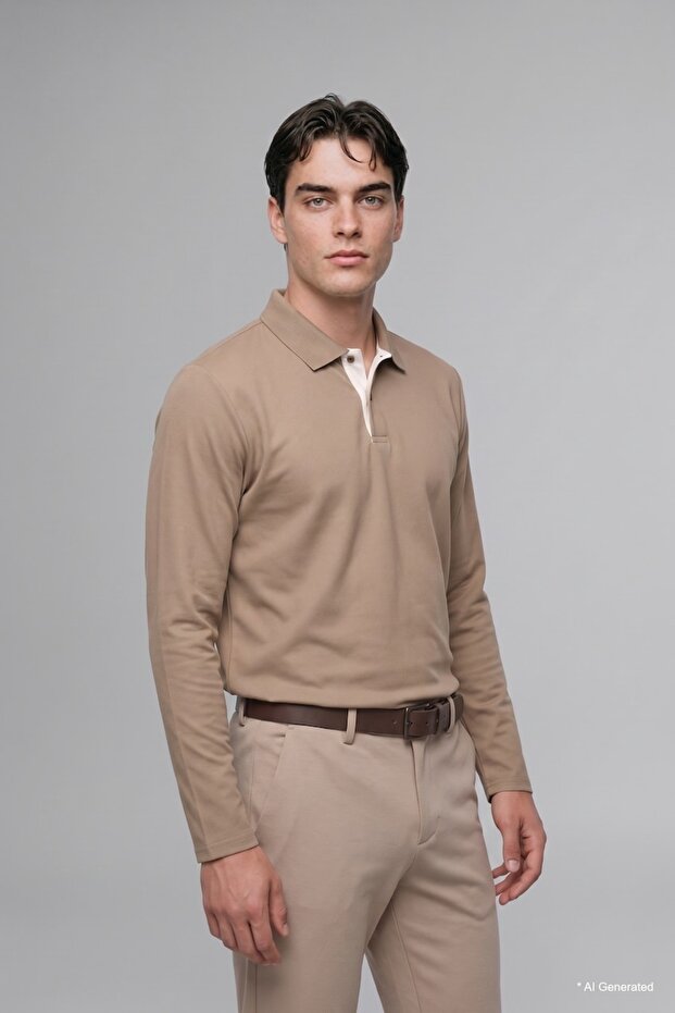 Regular Fit Polo Collar Long Sleeve Basic Sweatshirt I0461Ax26Wn