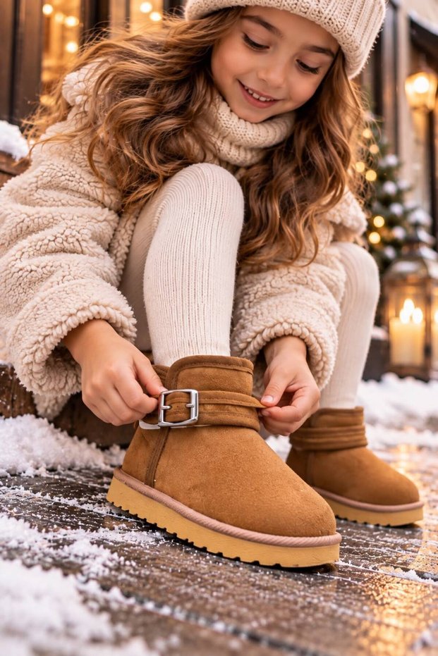 Unisex Children's Furry Suede Winter Boots – Non-Slip Sole with Velcro and Buckle Detail