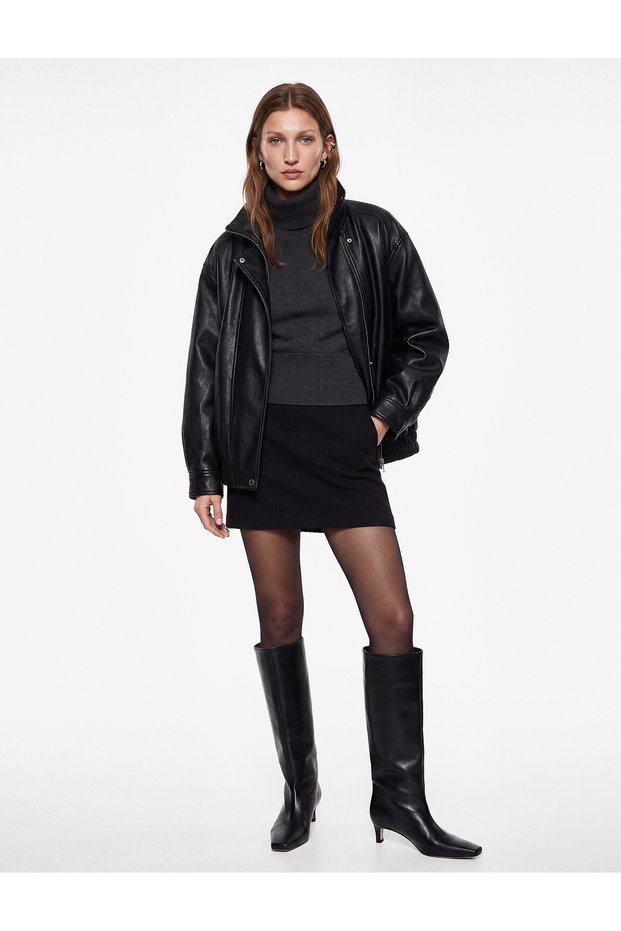 Long Sleeve Oversize Stand Collar Faux Leather Jacket with Zipper Pockets