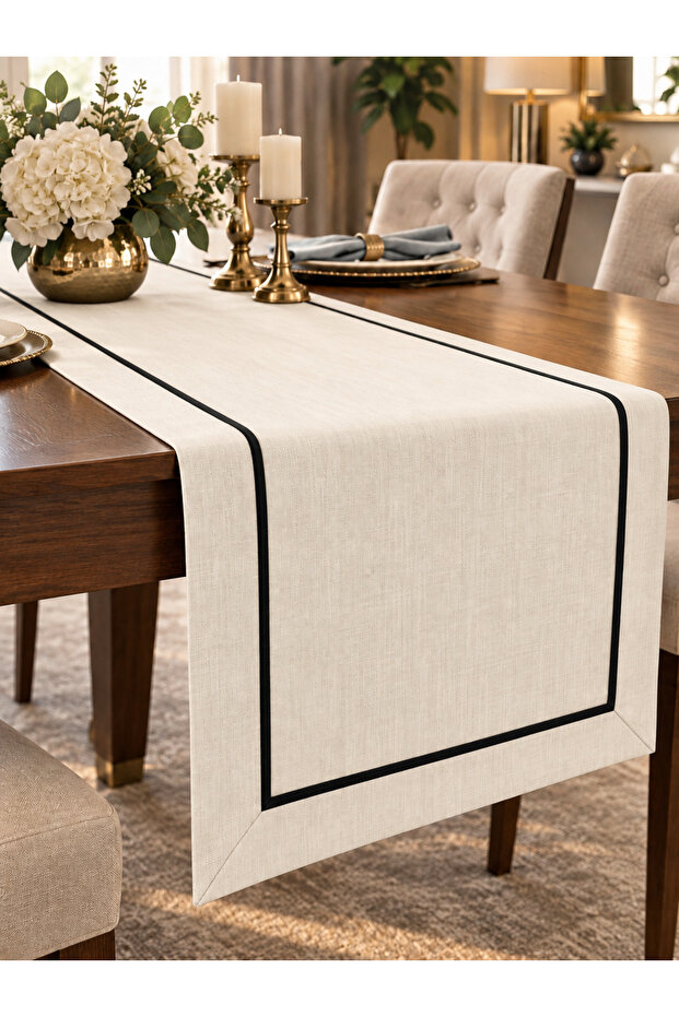 Black Piping Decorative Linen Look Cream Runner 40X150