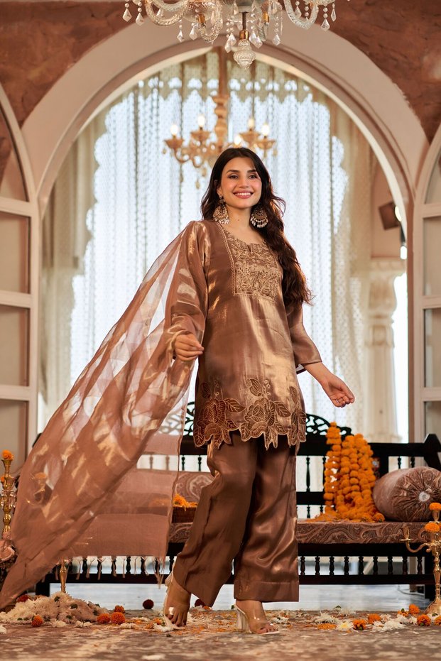 Premium Tissue Satin 3-Piece Suit Set for Women with Floral Embroidery & Zari Stripe Dupatta | Straight Kurta with Matching Pants | Indian Ethnic Wear | Kurti Set | Festive & Wedding Wear