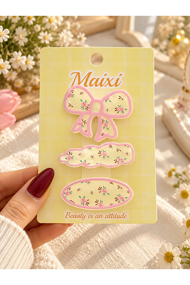 Pastel Yellow Floral Patterned Hair Clip Set – Pink Edged Bow, Oval and Wavy 3-Piece Hair Clips