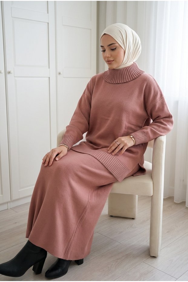 Women's Silvery Turtleneck Knitwear Tunic Long Skirt Two-Piece Set