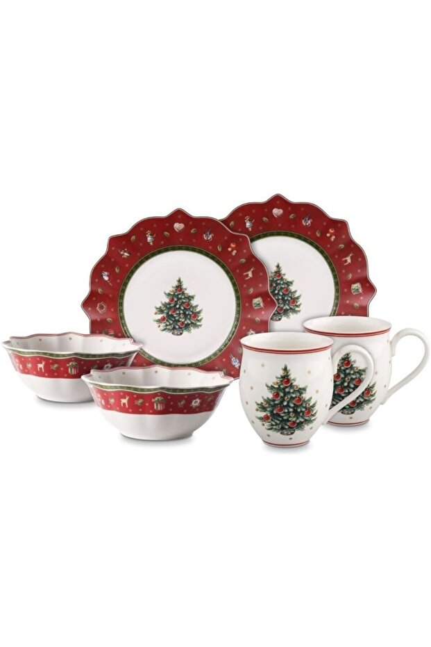 Toy's Delight Red Breakfast Set for 2 - Premium Porcelain Christmas Collection 6 Pieces