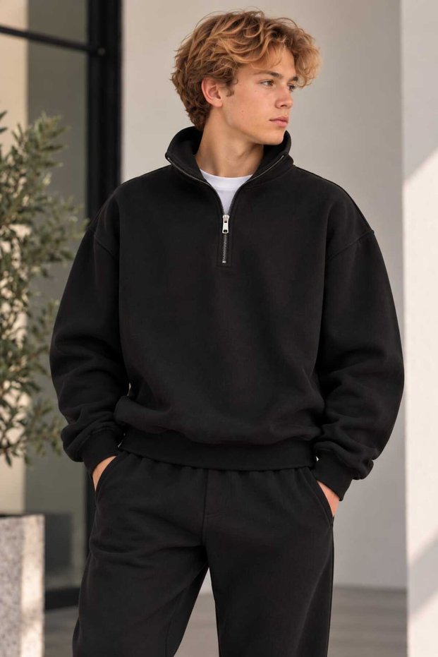 Unisex Oversize Half-Zipper Stand Collar 3 Thread Sweatshirt
