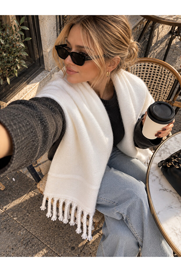 Soft Textured White Tassel Scarf Shawl Shoulder Wrap