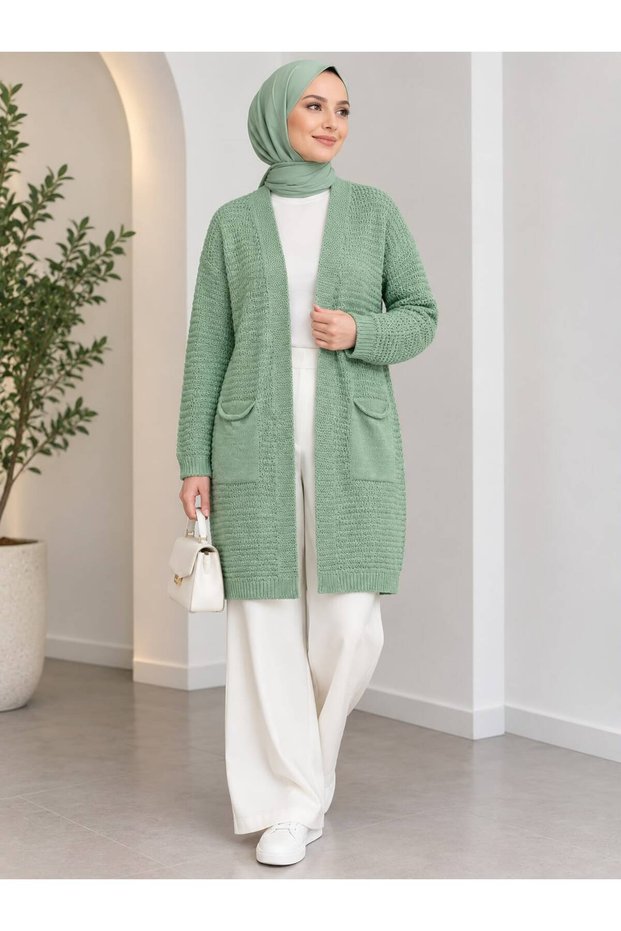 Women's Long Knitted Knitwear Cardigan with Pockets, Standard Size, Suitable for Hijab, Everyday Cardigan