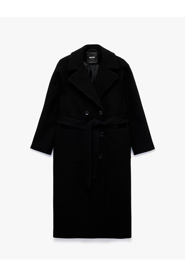 Pocketed Double-Breasted Belted Cashmere Coat with Wide Collar and Long Sleeves