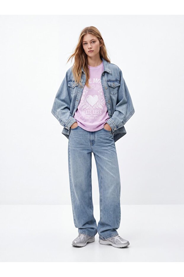 Relaxed Fit Faded Fabric Lilac T-Shirt with Print Detail