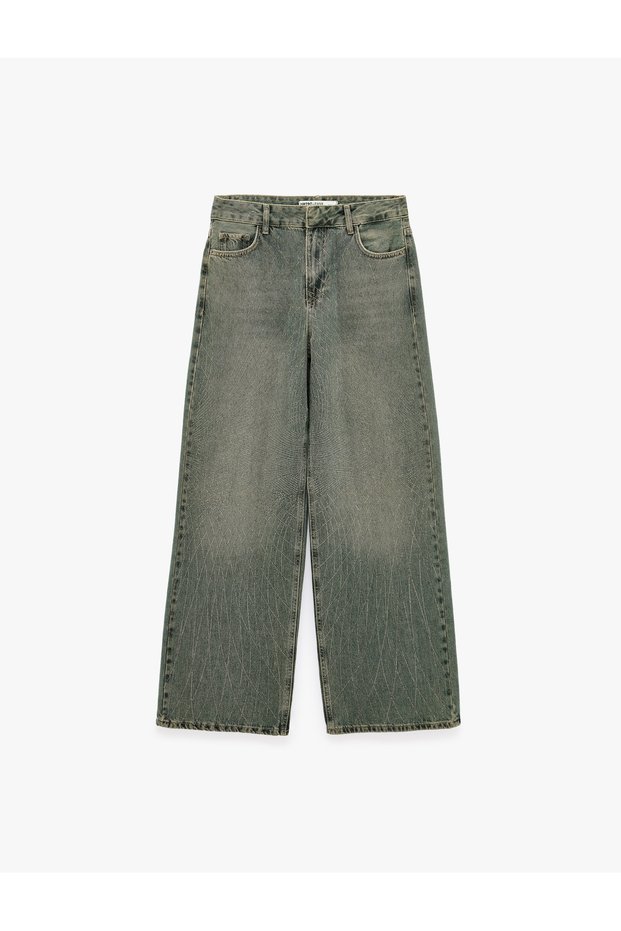 Cotton Loose Fit Plaid Jean Pants with Stone Detail - Loose Straight Fit Jean