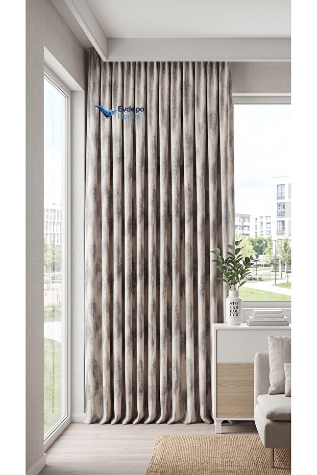 Anthracite Gray Stone Color Marble Patterned Woven Panel Background Curtain Living Room Bedroom - Benetti