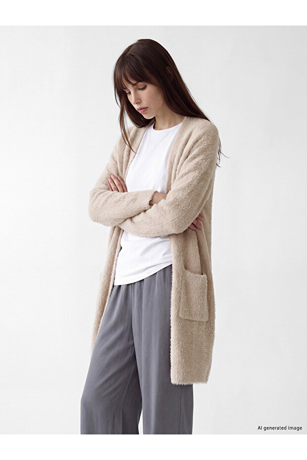Alita City Lcw Everyday Beige Knitwear Plain Women's Cardigan with a Difference